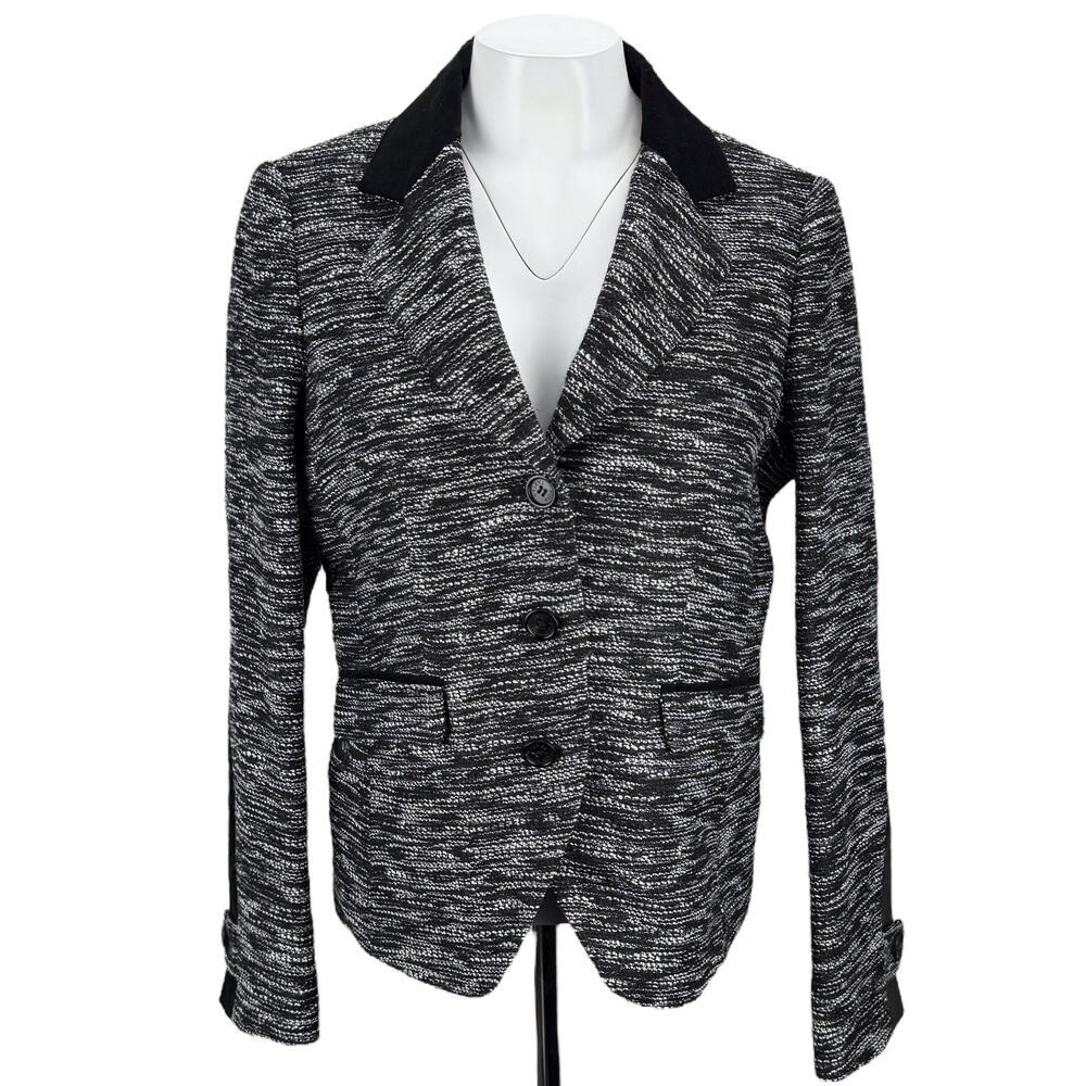 PINK TARTAN Wool Blend Black Velvet Trim 3 Button Blazer Jacket Sz 8 White Black